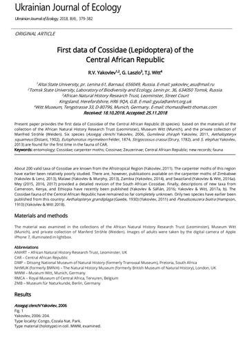 Yakovlev, R.V., László, G.M., Witt, T. J., 2018. First data of Cossidae (Lepidoptera) of the Central African Republic. Ukrainian Journal of Ecology, 8 (4), 379-382.